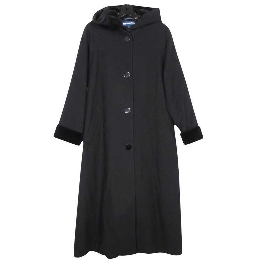 Vtg HERMAN KAY Black WOOL Velour Trim Button-Up Hooded Overcoat Jacket Coat 8